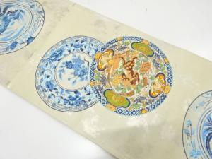 アンティーク　絵皿に唐獅子・草花模様織り出し袋帯（材料）